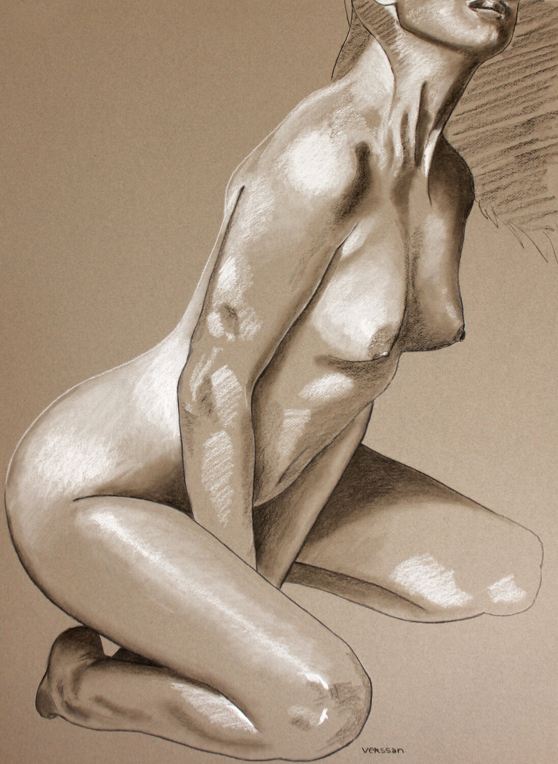 Femme nue à genoux Pappay Drawing for sale