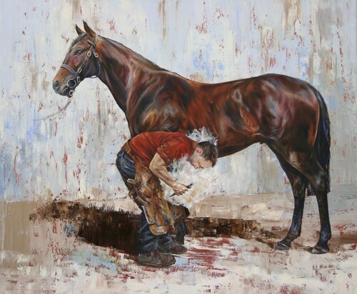 THE FARRIER & THE THOROUGHBRED by Peter Goodhall, Painting for Sale on Select