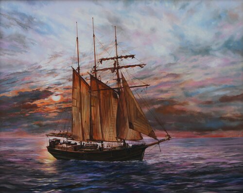 SCHOONER SAILING IN LIGHT WINDS UNDER AN EVENING SKY by Peter Goodhall, Painting for Sale on Select