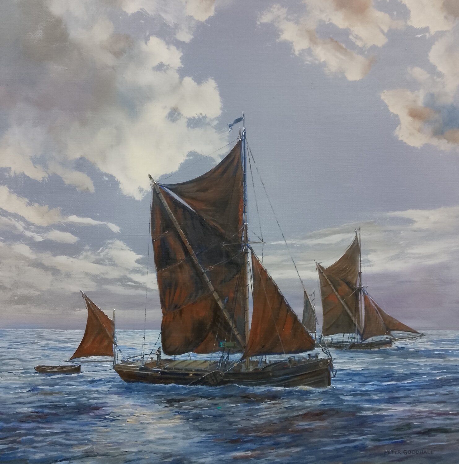 THAMES SAILING BARGES IN THE MOONLIGHT Peter Goodhall Original painting for sale