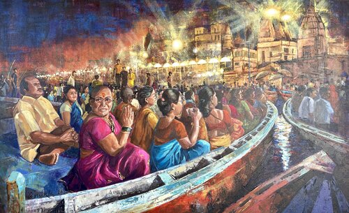 DEVOTEES - EVENING AARTI AT VARANASI by Anukta Mukherjee Ghosh, Painting for Sale on Select