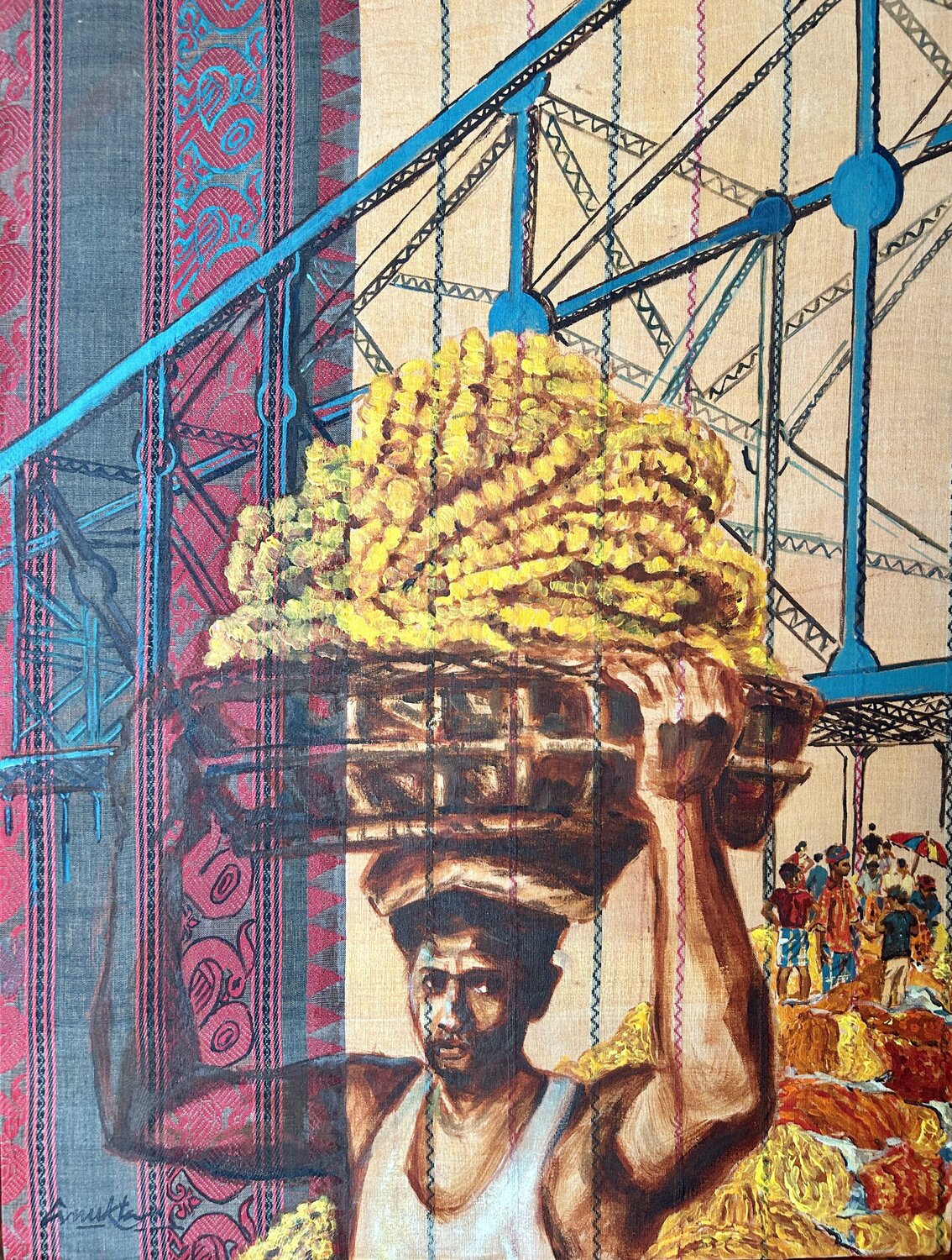 TANT AND HOWRAH BRIDGE PHOOL BAZAAR Anukta Mukherjee Ghosh Original painting for sale