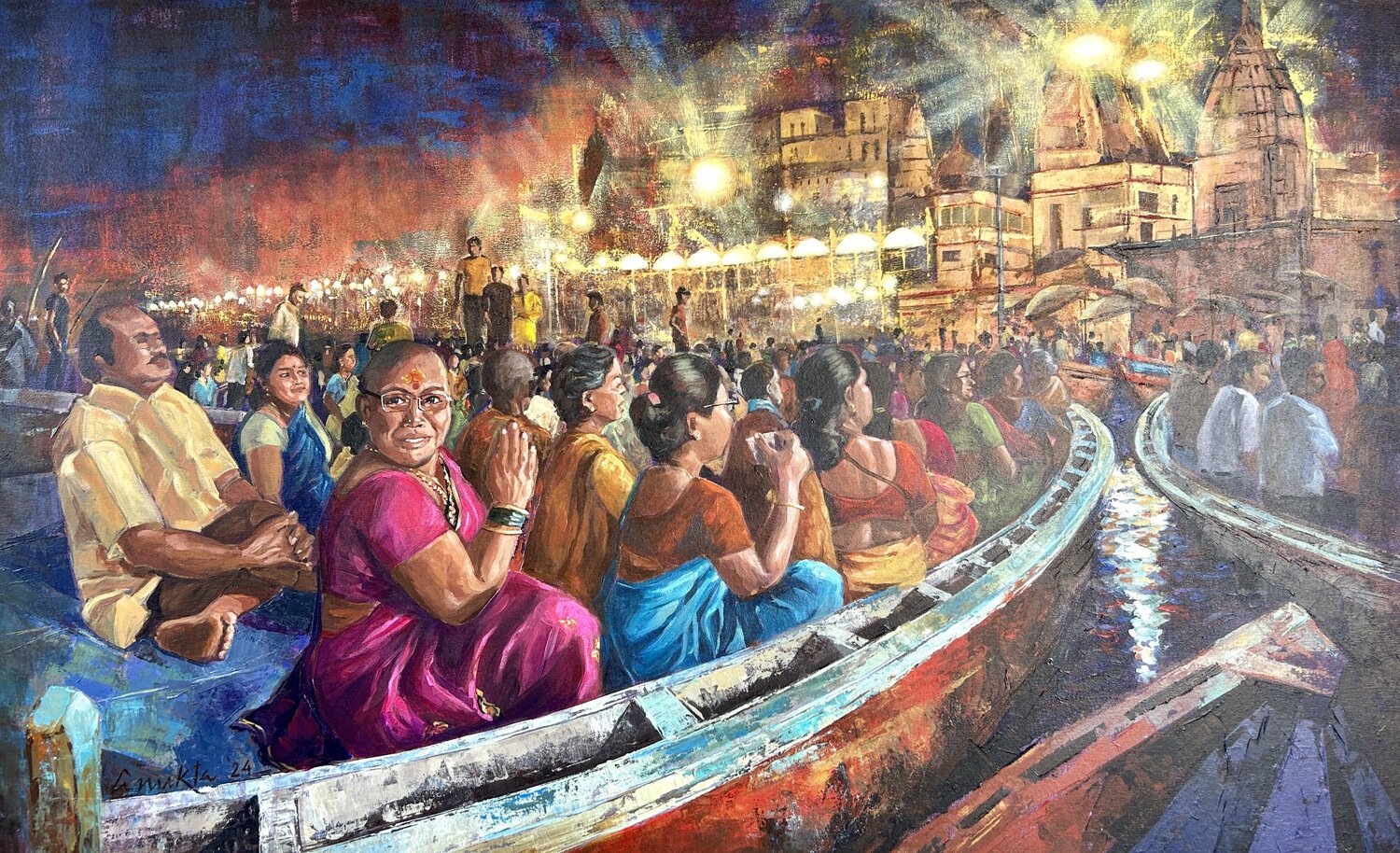 DEVOTEES - EVENING AARTI AT VARANASI Anukta Mukherjee Ghosh Original painting for sale