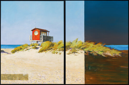 Red Lifeguard Tower Diptych by Bo Kravchenko, Painting for Sale on Select