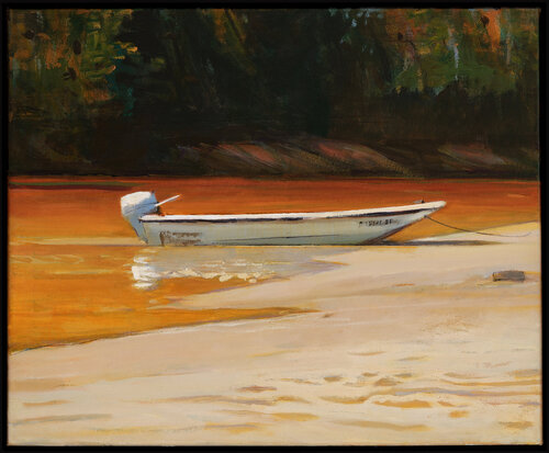 Golden journey on the lake by Bo Kravchenko, Painting for Sale on Select