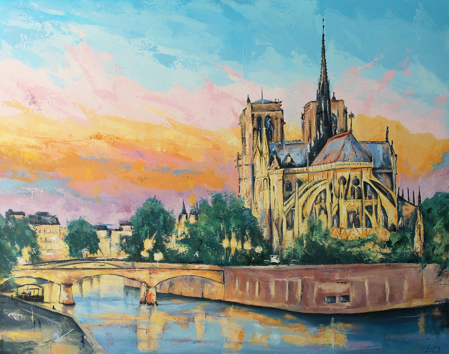 Ciel flamboyant sur la Cathédrale Notre Dame  de Paris Jean-Luc Lopez Original painting for sale