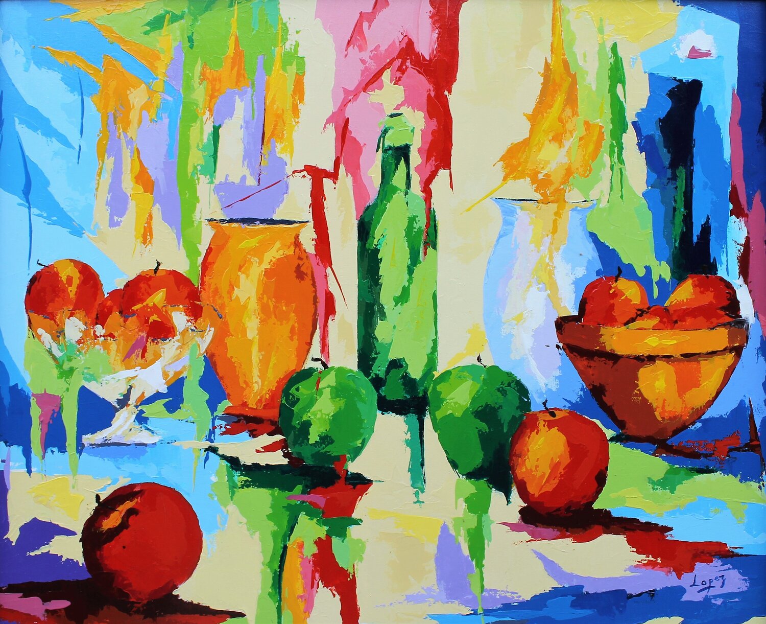 Bouteille aux pommes Jean-Luc Lopez Original painting for sale