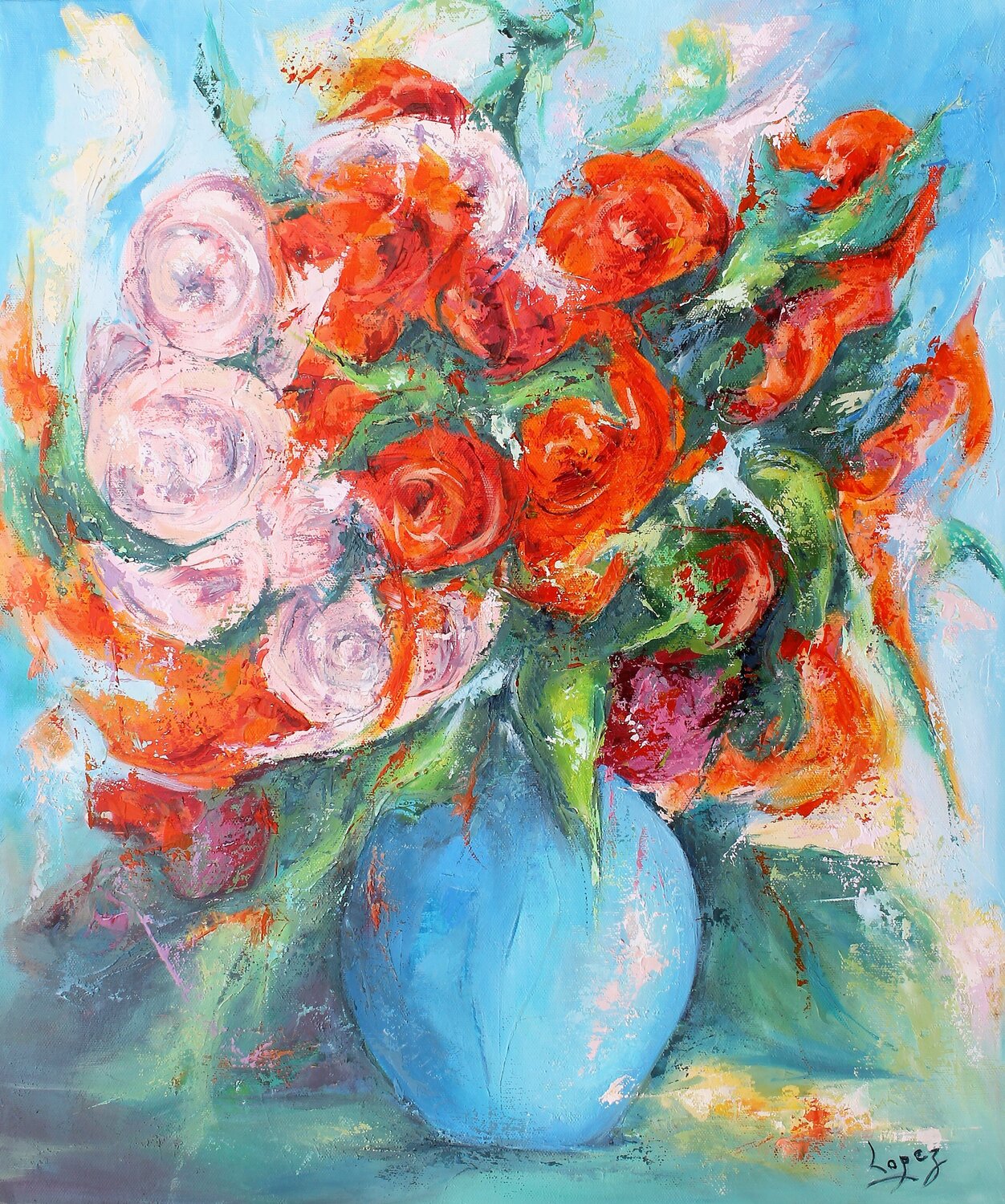 Bouquet de roses Jean-Luc Lopez Original painting for sale