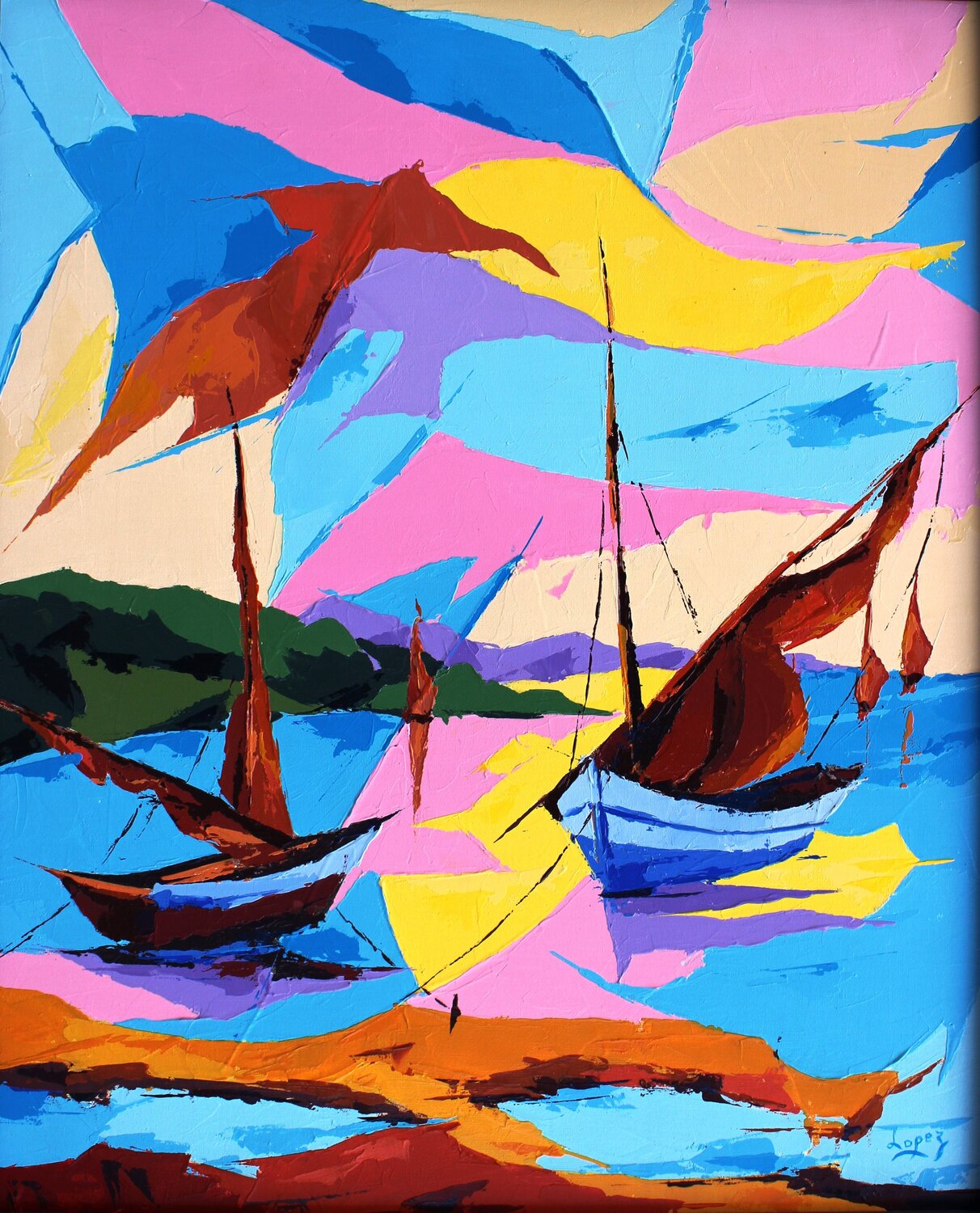 Voiliers amarrés Jean-Luc Lopez Original painting for sale
