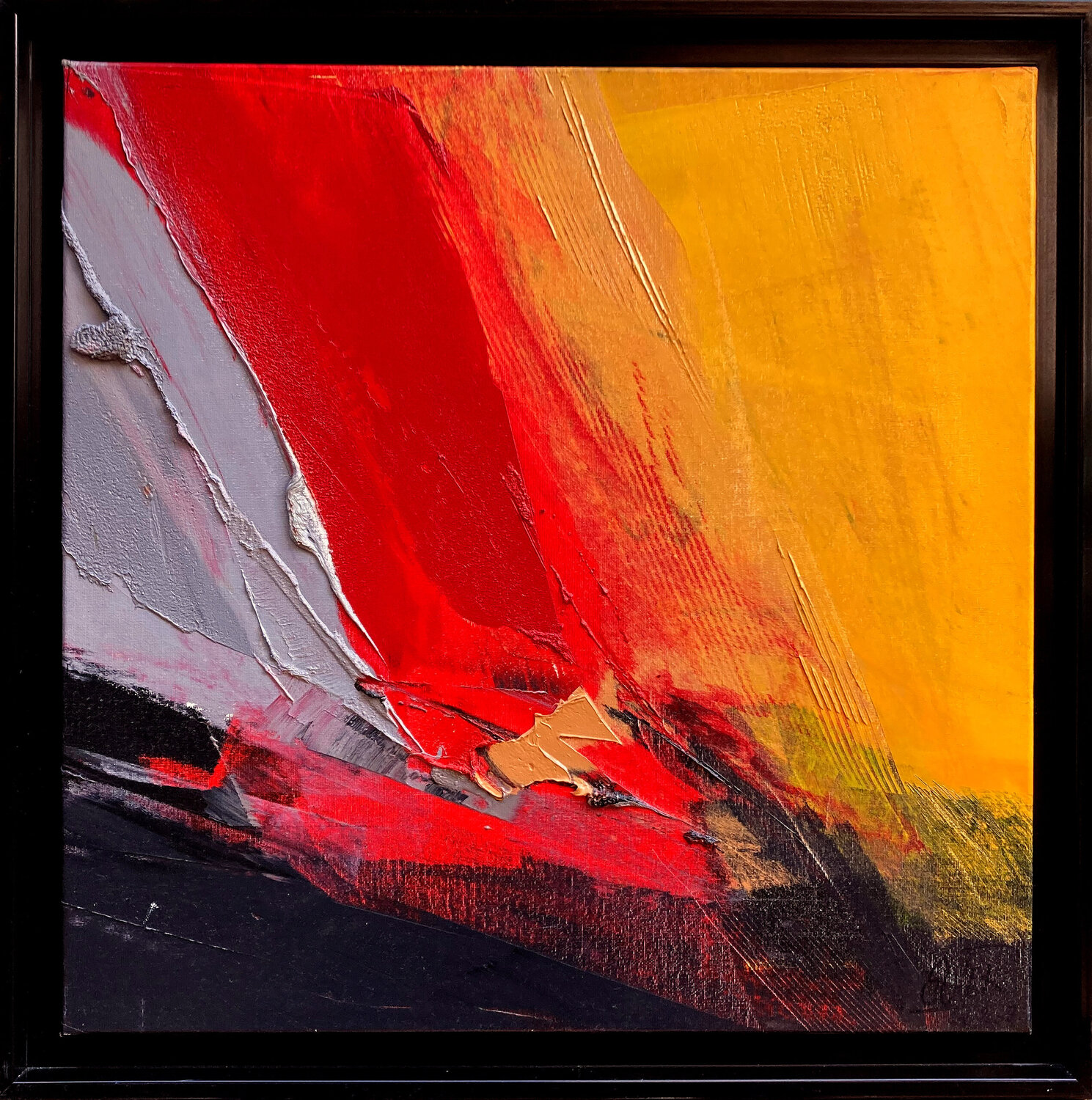 Réf. 02 03 07 - Huile sur toile 50x50cm encadrée avec caisse américaine noire Jean Soyer Original painting for sale