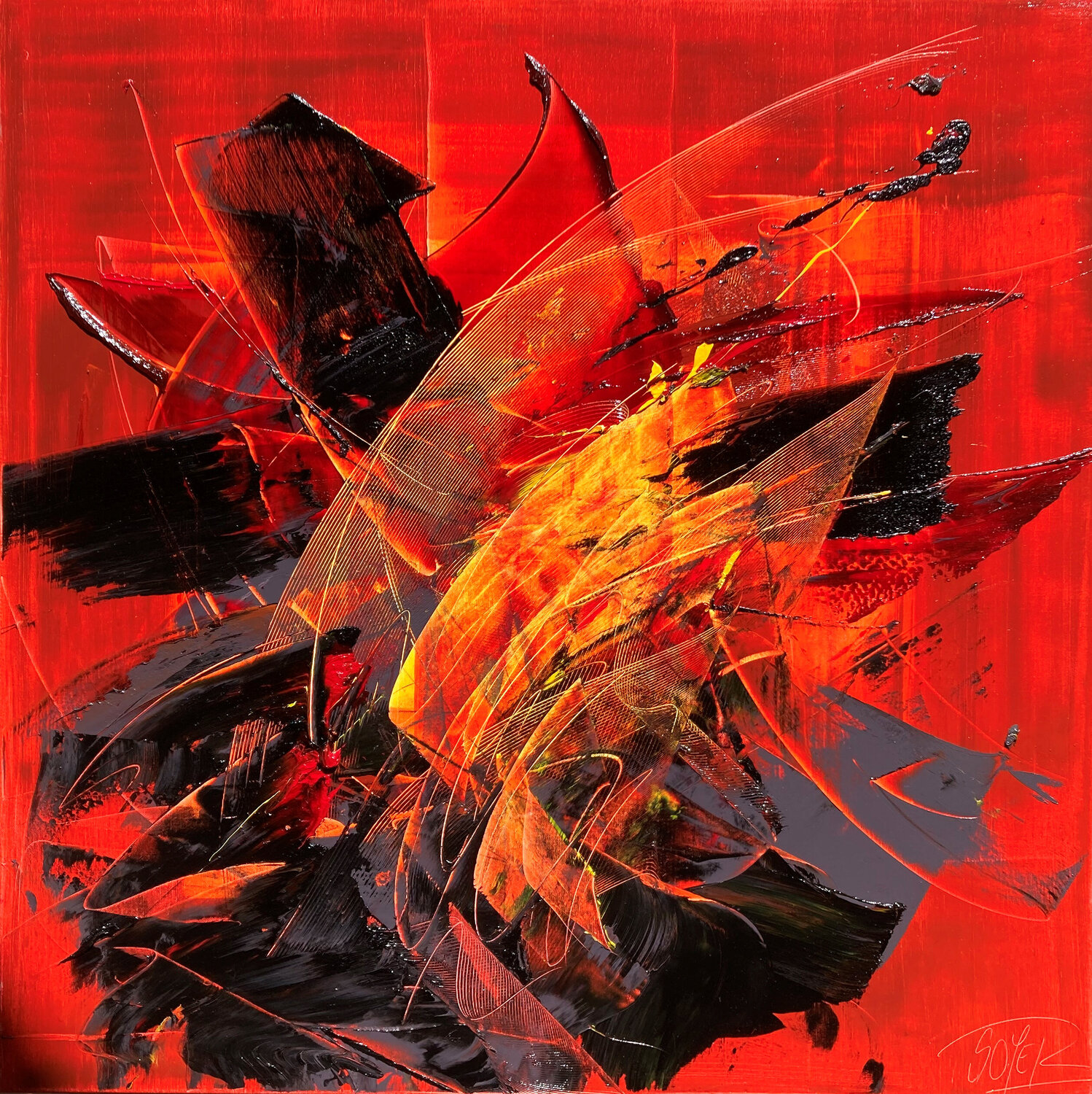 Réf. 2017 06 16 - Huile sur toile 100x100cm la danse du Samouraï Jean Soyer Original painting for sale