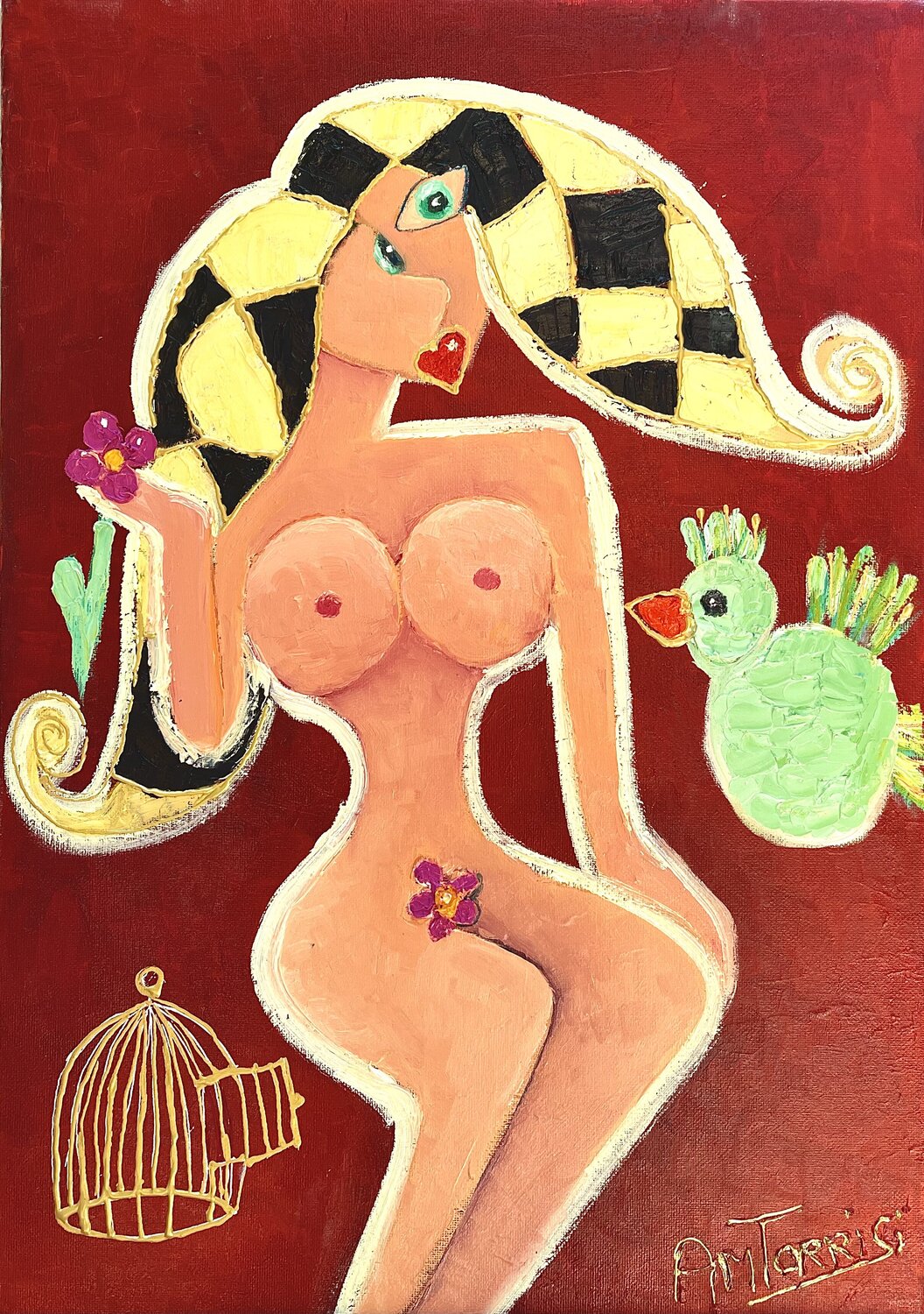 FEMME NUE LA FLEUR Anne-Marie Torrisi Original painting for sale