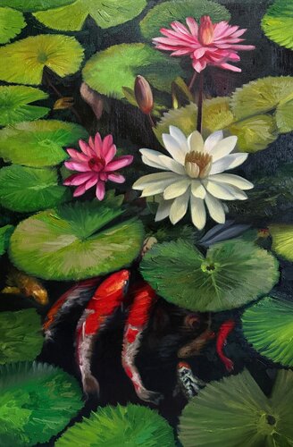 Water Lilies and the Dance of Koi by Emil Kasymov, Painting for Sale on Select