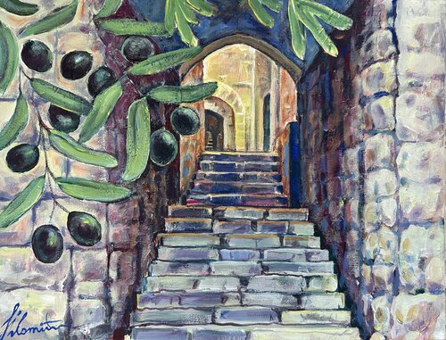 The Eternal City of Jerusalem - Steps to the Light by Shlomit Aharonovitch, Painting for Sale on Select