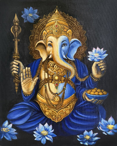 Ganesha with Blue Lotos by Elena Ivaniuk, Painting for Sale on Select