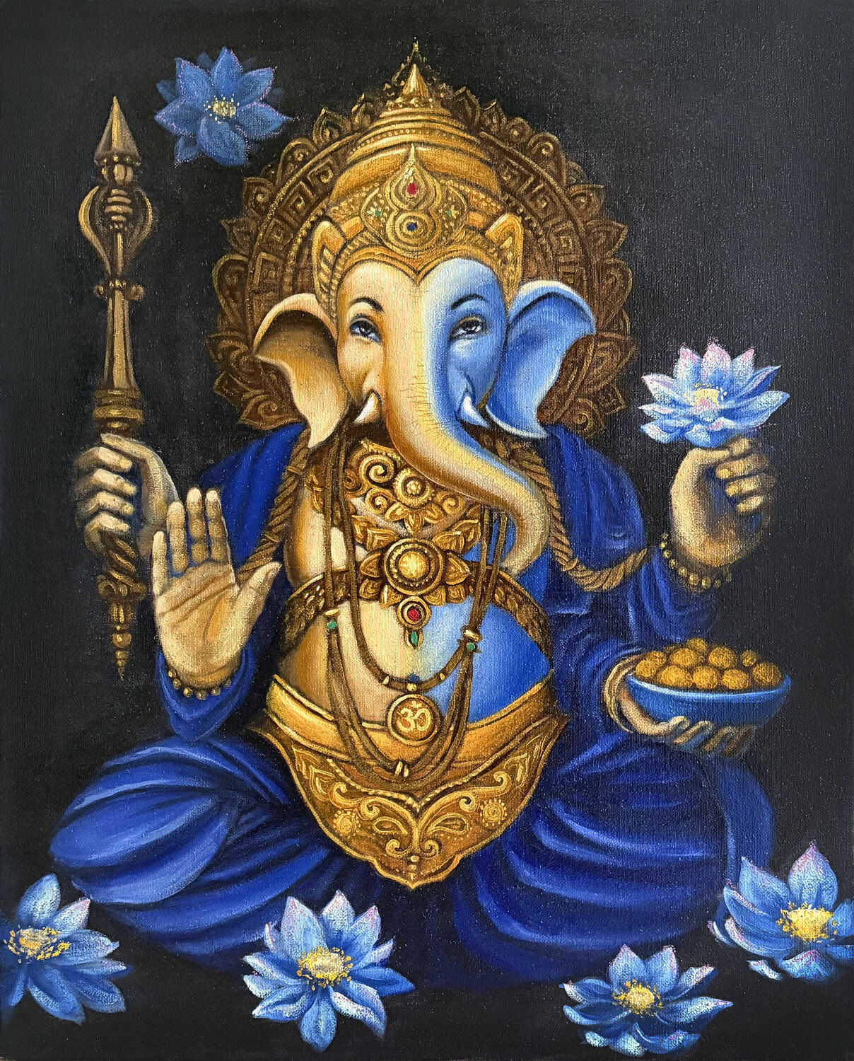 Ganesha with Blue Lotos Elena Ivaniuk Original painting for sale