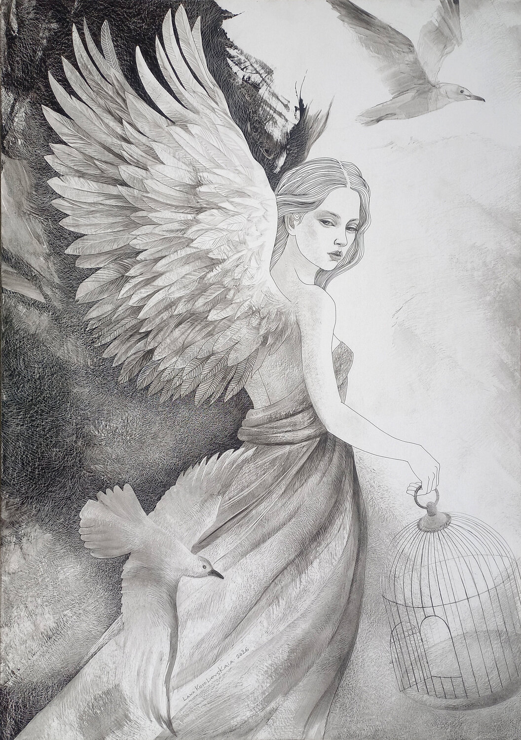 The Empty Cage Lana Korolievskaia Drawing for sale