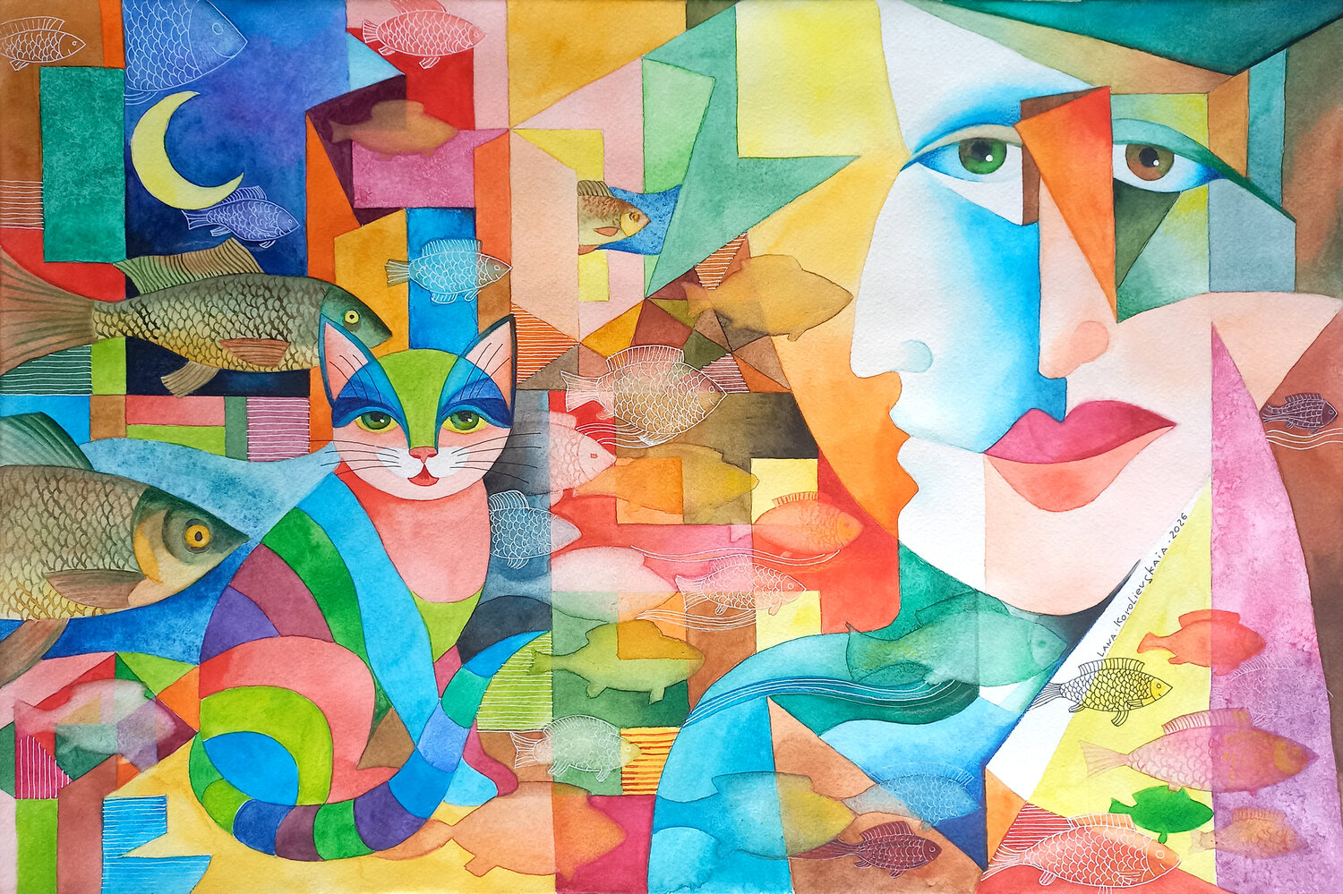 Cat Dreams Lana Korolievskaia Original painting for sale