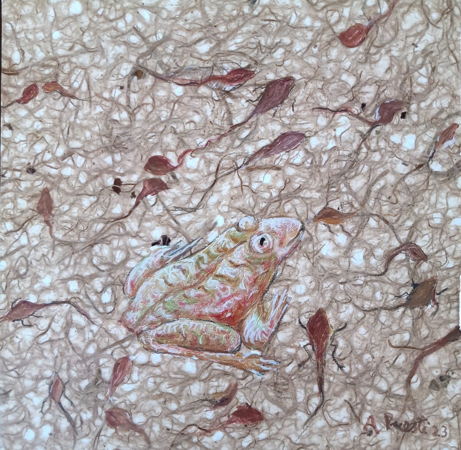 Frog and tadpoles Antonio Presti Original painting for sale