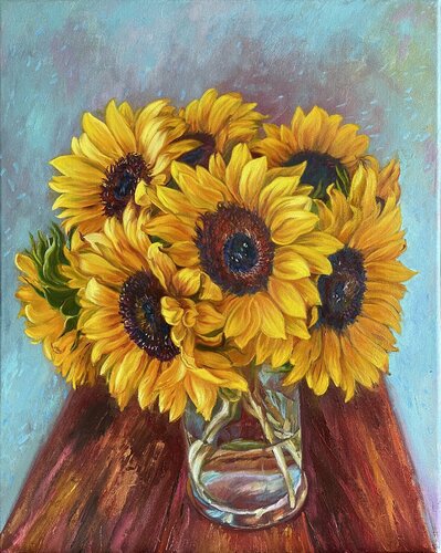 Sunflowers on a turquoise background von Elena Podmarkova, Malerei kaufen auf Select