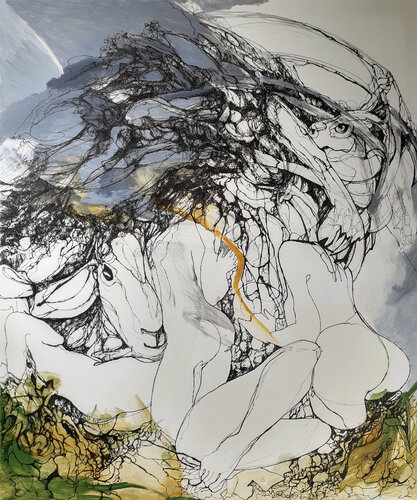 Shelter under the trees.  Beautiful scene. The thunderstorm is passing by. by Jörg Kuplens, Drawing for Sale on Select