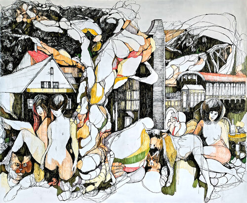Bizarre Assemblage #2 -  When you're alone and life is making you lonely, you can always go – Downtown by Jörg Kuplens, Drawing for Sale on Select