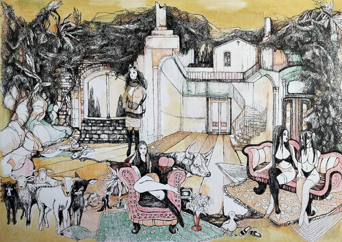 Intimate Muses Caught in Sunshine by Jörg Kuplens, Drawing for Sale on Select