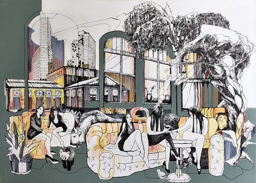 A Lazy Sunday Afternoon at an Old Café by Jörg Kuplens, Drawing for Sale on Select