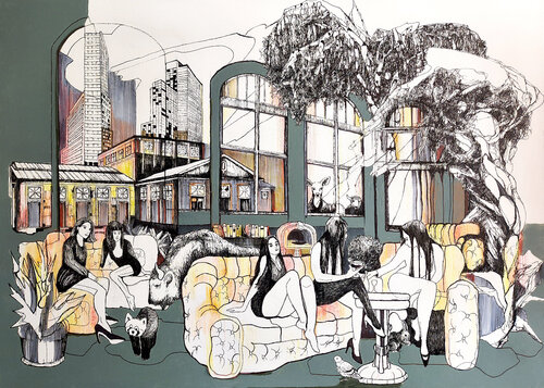 Lazy Sunday Afternoon at an Old Café by Jörg Kuplens, Drawing for Sale on Select