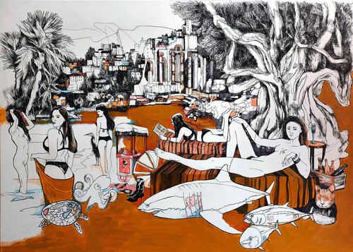 Lazy Sunday Afternoon on the bright Ochre Beach in the south by Jörg Kuplens, Drawing for Sale on Select