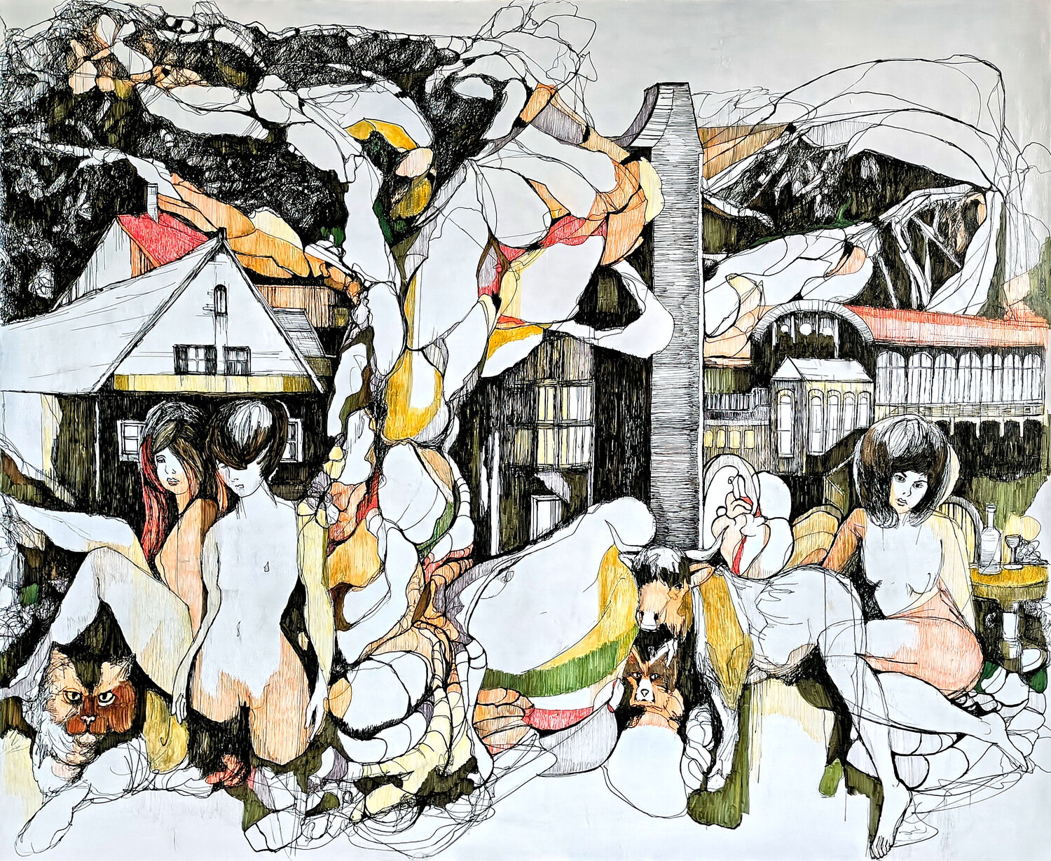 Bizarre Assemblage #2 -  When you're alone and life is making you lonely, you can always go – Downtown Jörg Kuplens Drawing for sale