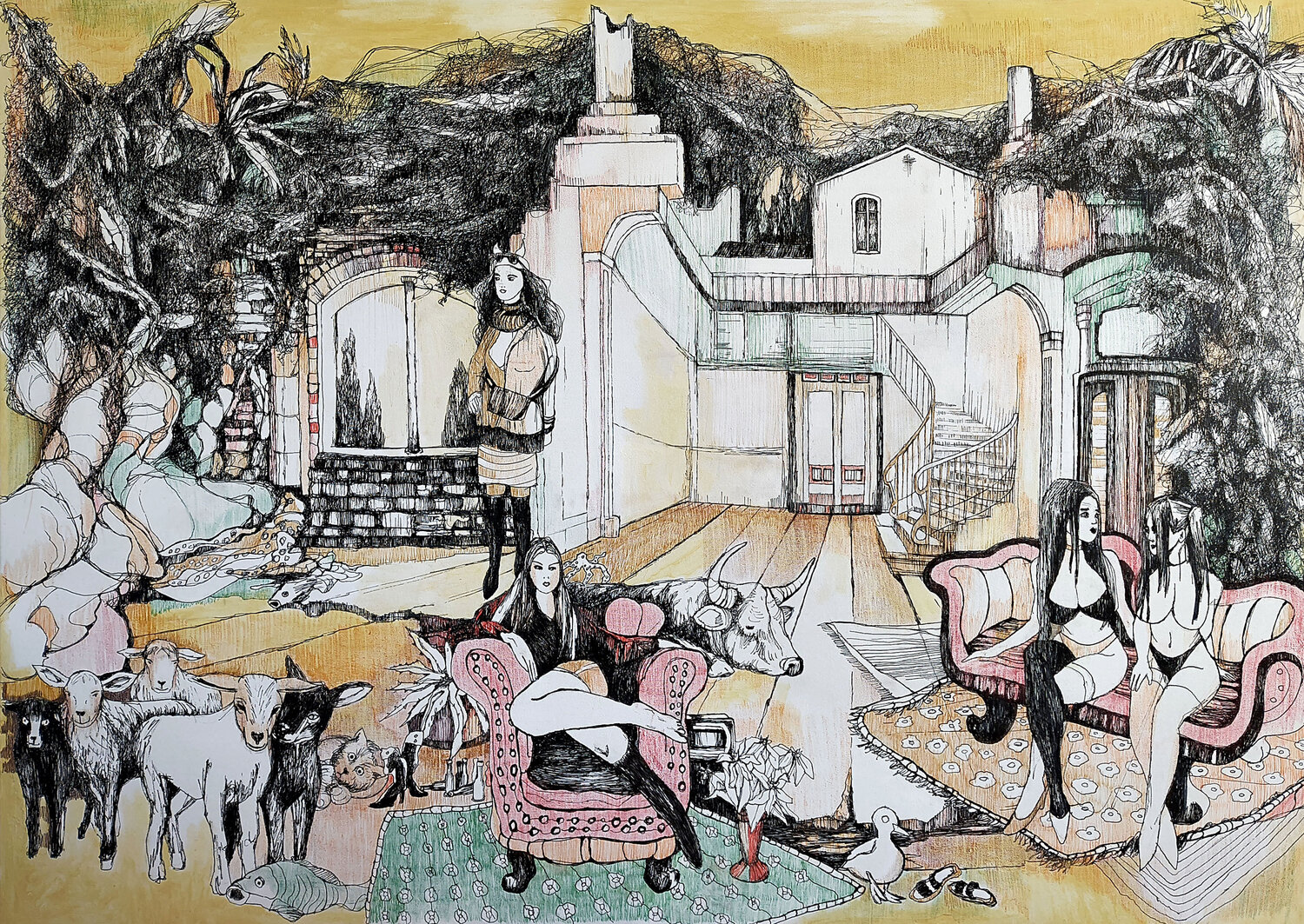 Intimate Muses Caught in Sunshine Jörg Kuplens Drawing for sale