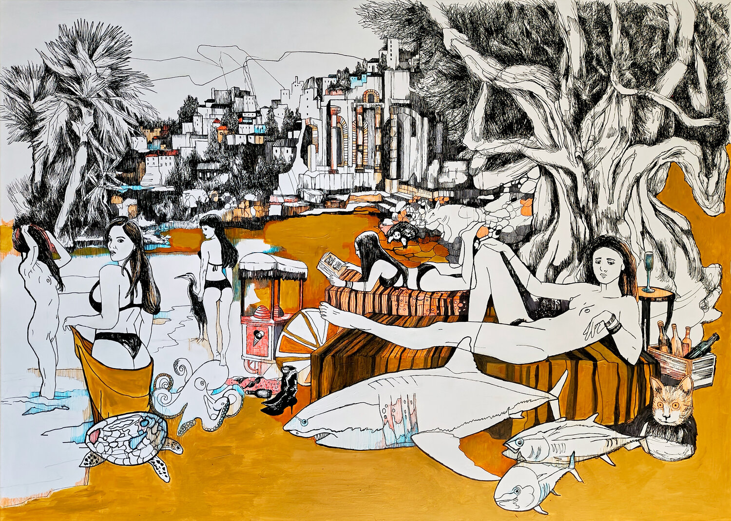 Lazy Sunday Afternoon on the bright Ochre Beach in the south Jörg Kuplens Drawing for sale