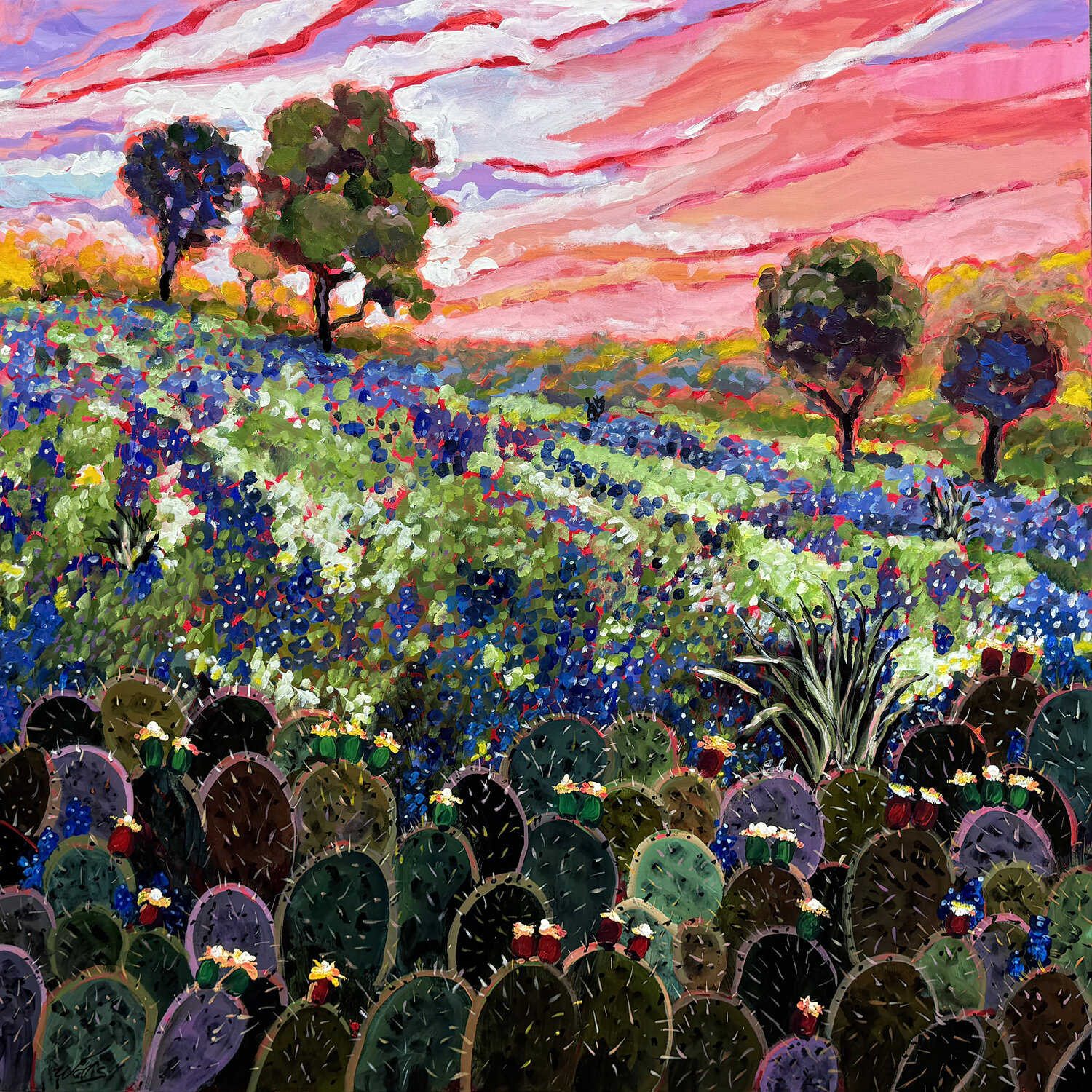 Texas Spring Pasture Just Before Dusk Charles Wallis Original painting for sale