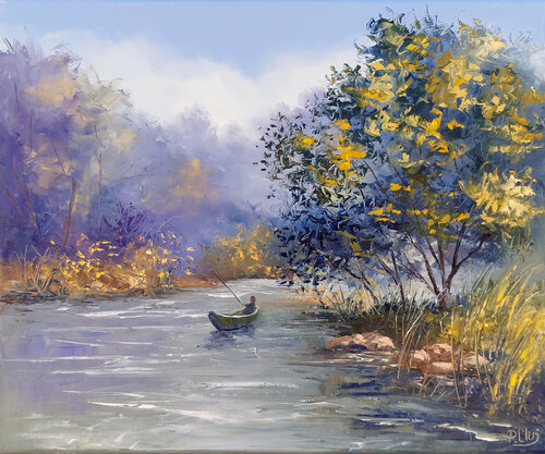 Barque sur la rivière by Pascal Clus, Painting for Sale on Select