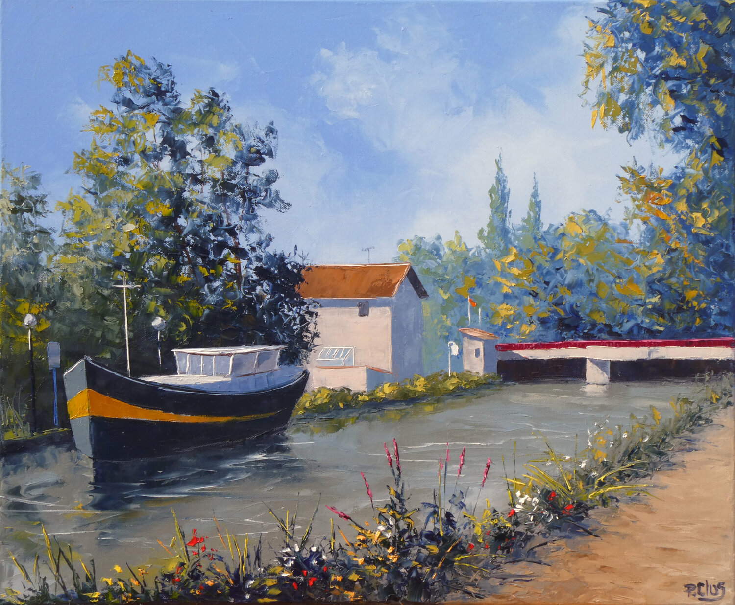 Péniche à Viéville Pascal Clus Original painting for sale