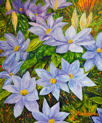Clématites bleues- Huile au couteau by Gyslaine Pachet Micheneau, Painting for Sale on Select