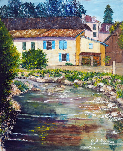 Le Saleys à Salies de Béarn Huile au couteau by Gyslaine Pachet Micheneau, Painting for Sale on Select