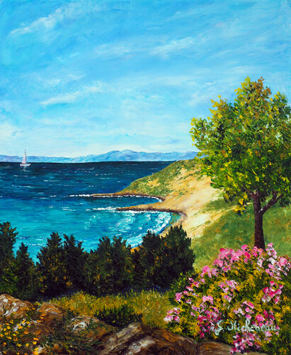 Plage Corse- Huile au couteau by Gyslaine Pachet Micheneau, Painting for Sale on Select