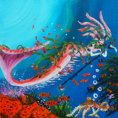 La sirène et le poulpe- Huile au couteau by Gyslaine Pachet Micheneau, Painting for Sale on Select