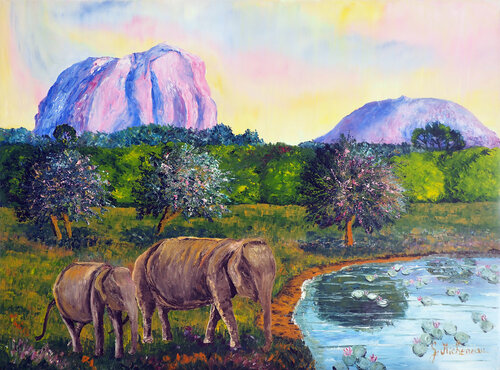 Elephant Rock-(Sry Lanka) Huile sur toile au couteau by Gyslaine Pachet Micheneau, Painting for Sale on Select