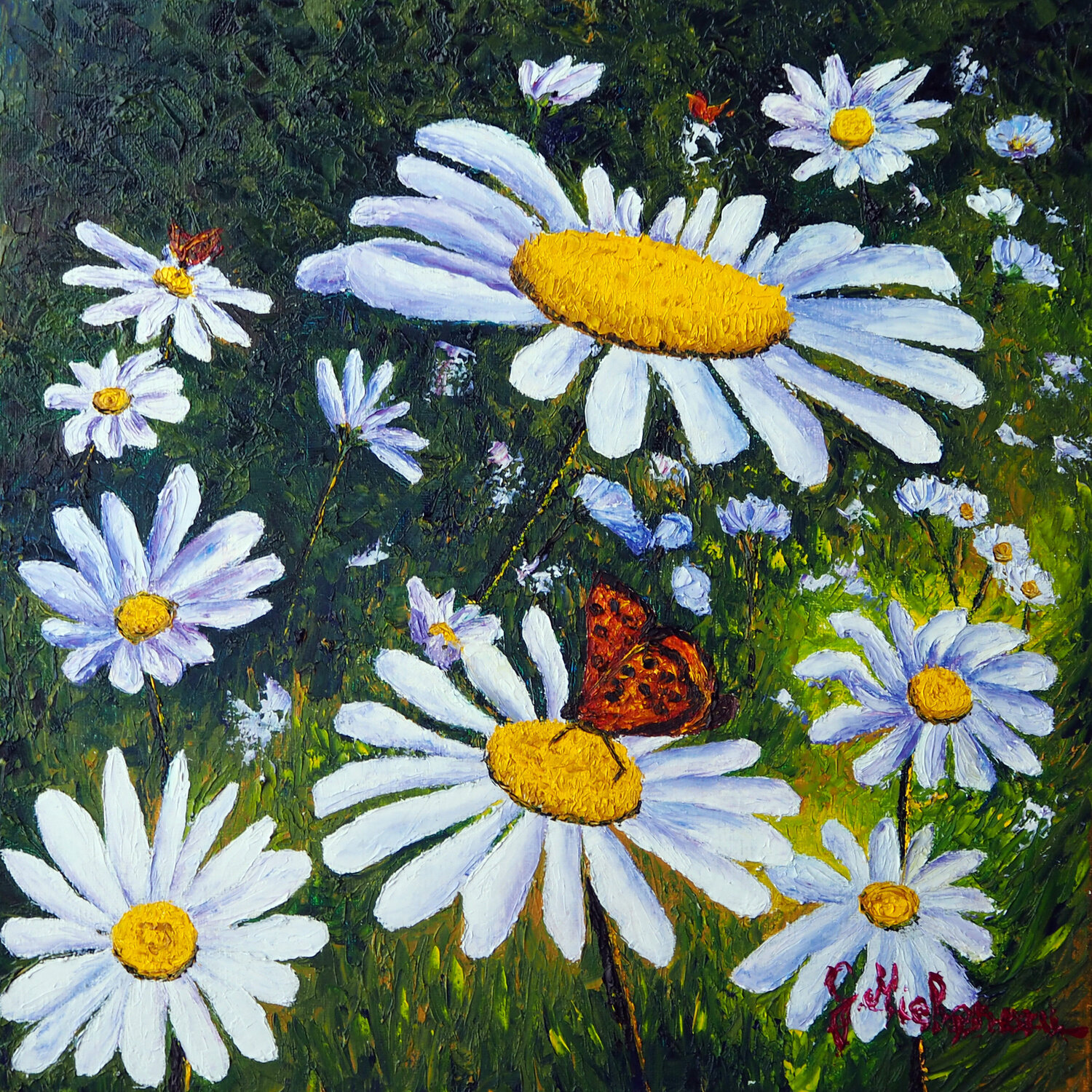 Carré de marguerites- Huile au couteau Gyslaine Pachet Micheneau Original painting for sale