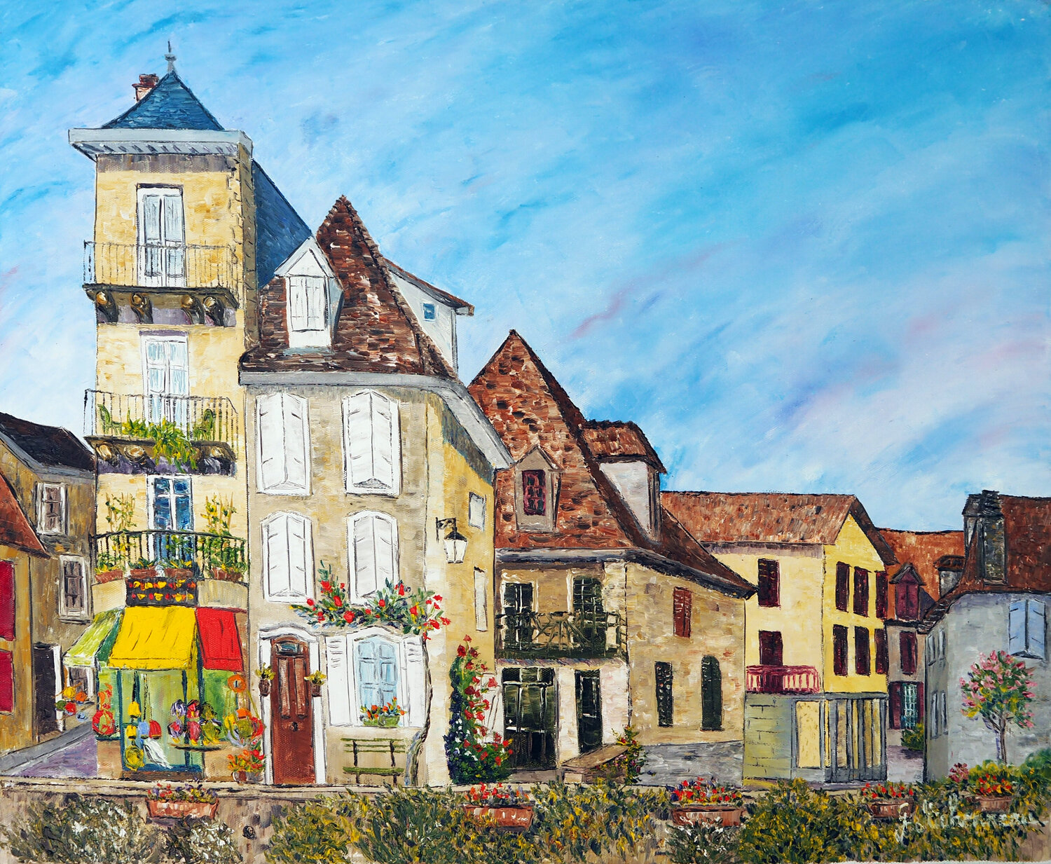 Rue de Salies de Béarn- Huile au couteau Gyslaine Pachet Micheneau Original painting for sale