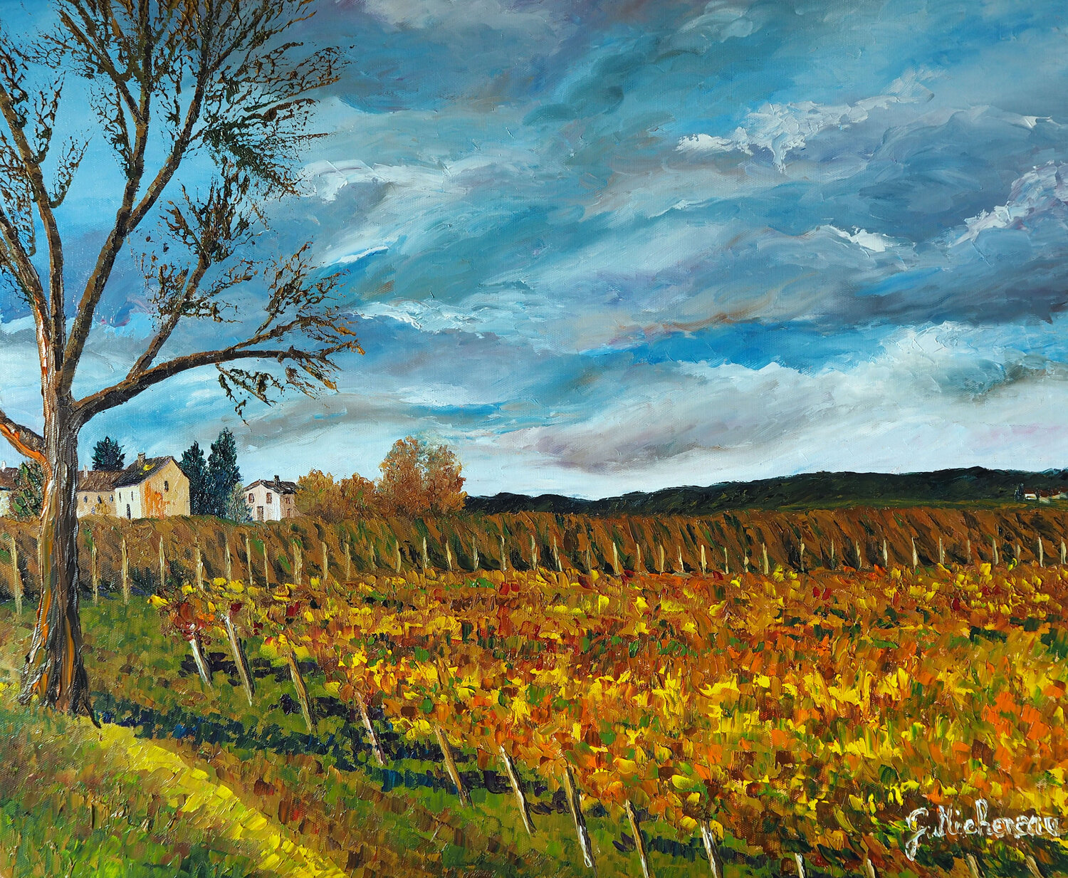 Automne sur le vignoble- Huile au couteau Gyslaine Pachet Micheneau Original painting for sale