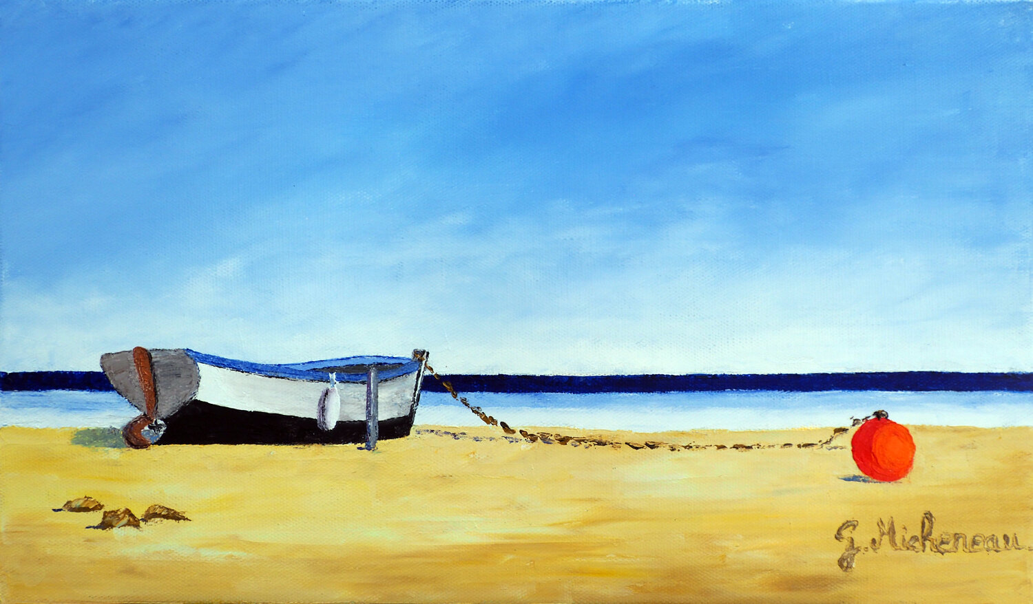 Barques rouge-huile au couteau Gyslaine Pachet Micheneau Original painting for sale