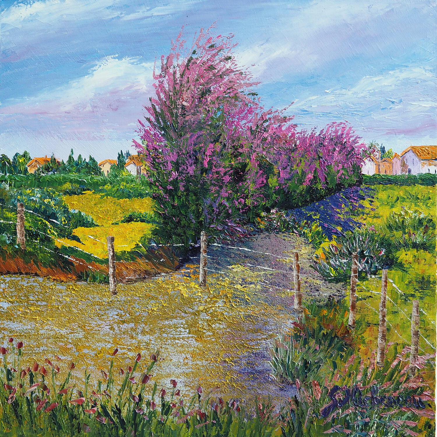 Tamaris en fleurs- Huile au couteau Gyslaine Pachet Micheneau Original painting for sale