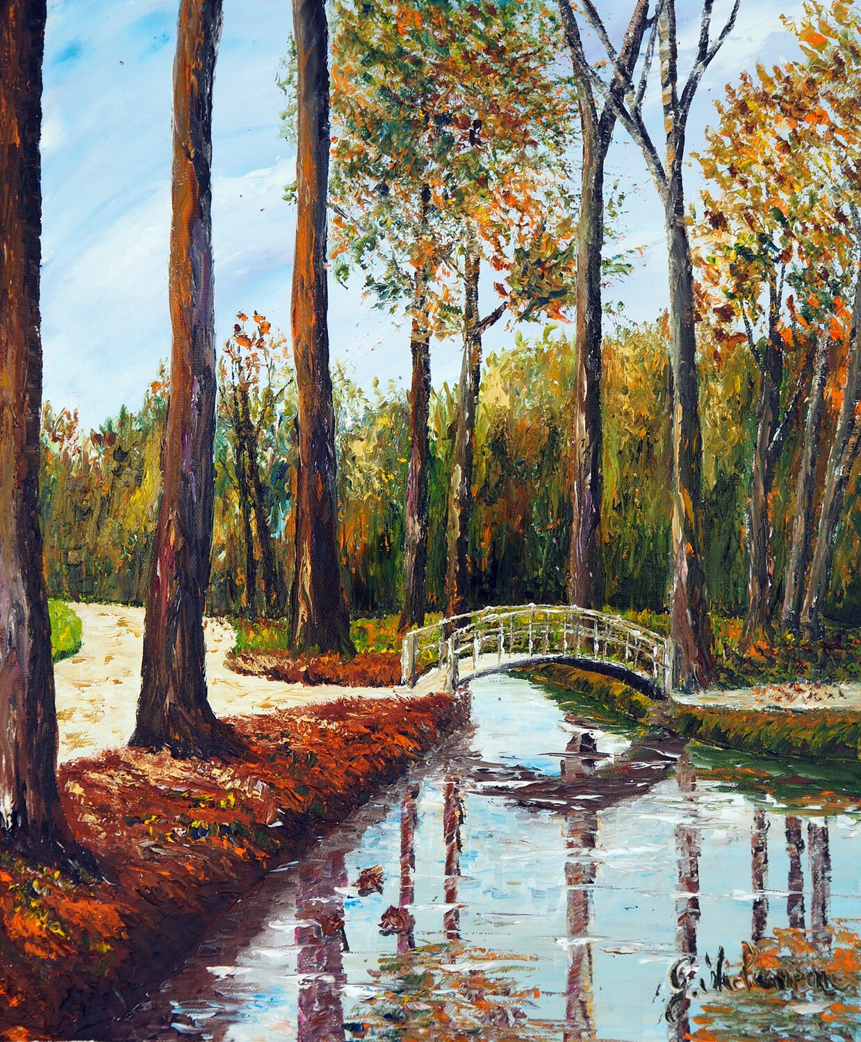 Le petit pont- Huile au couteau Gyslaine Pachet Micheneau Original painting for sale