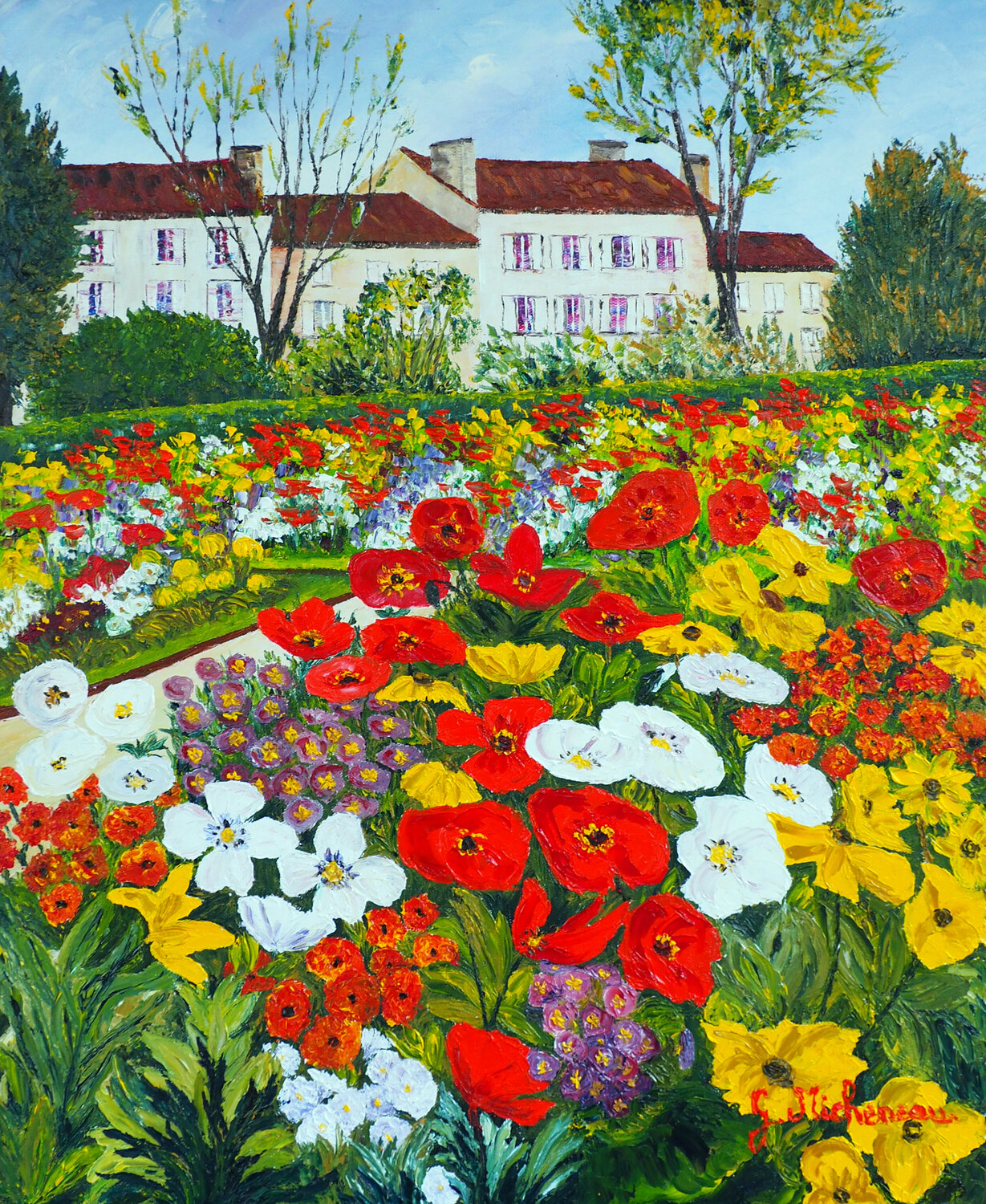 Au jardin public- Huile au couteau Gyslaine Pachet Micheneau Original painting for sale