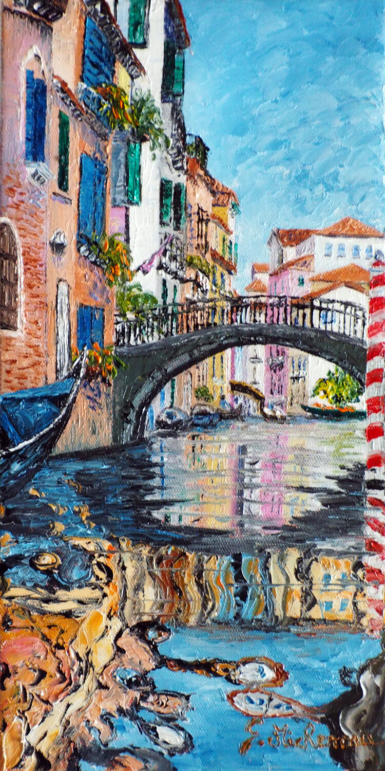 Reflets déstructurés à venise- Huile au couteau Gyslaine Pachet Micheneau Original painting for sale