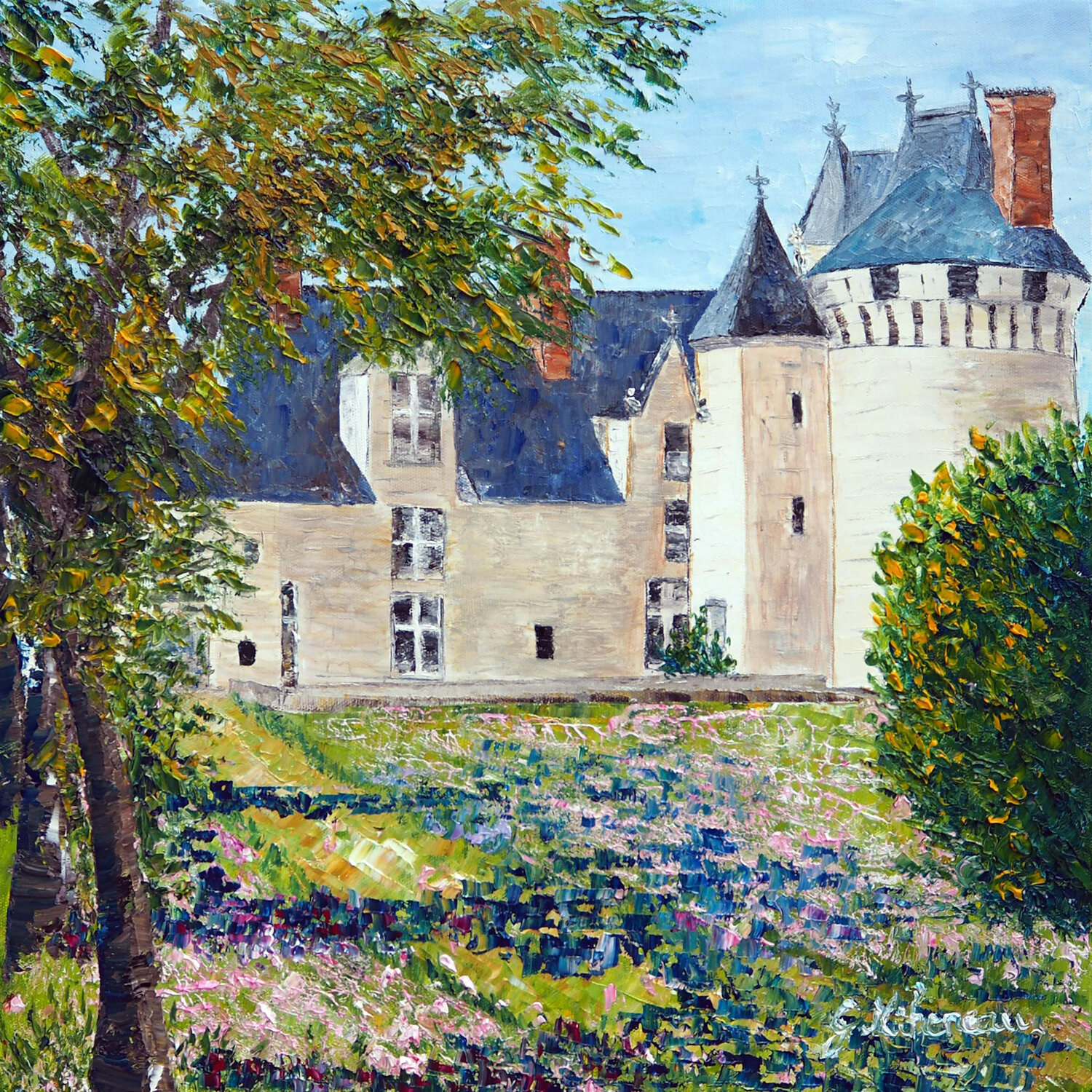 Un jour à Dissay- Huile au couteau Gyslaine Pachet Micheneau Original painting for sale